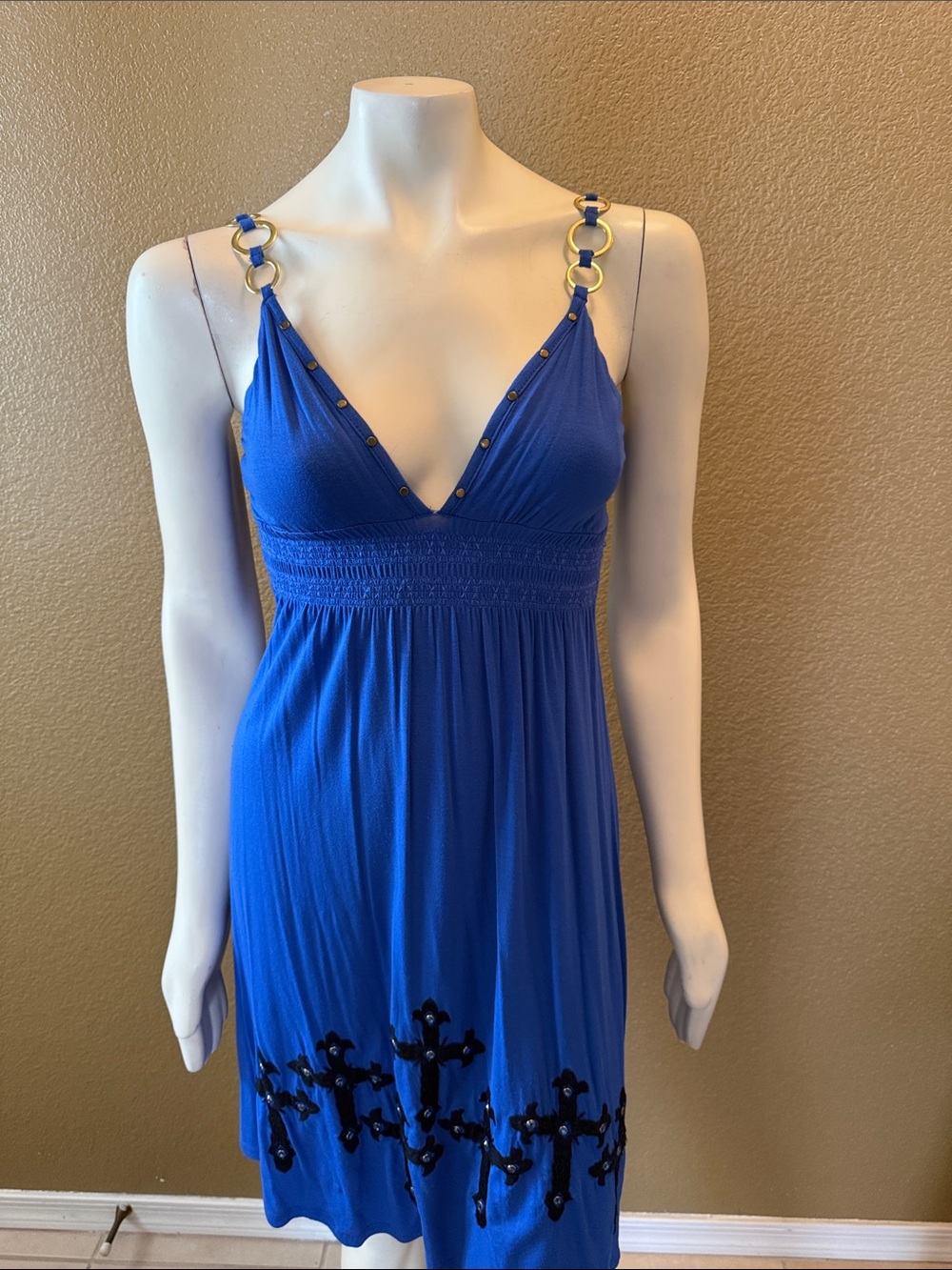 Y2K Vintage Soul Revival Royal Blue V-Neck Ring-Shoulder Midi Dress